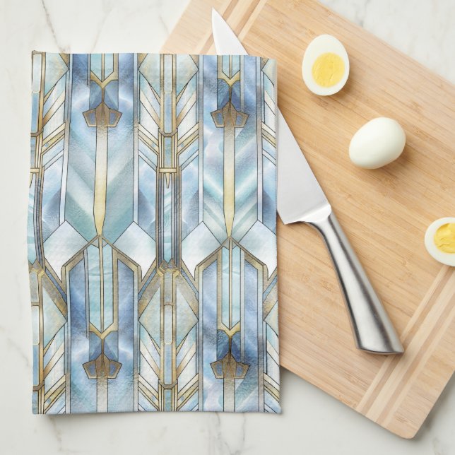 PASTEL BLUE GOLD MODERN ART DECO PATTERIEN GESCHIRRTUCH (Viertel Falte)
