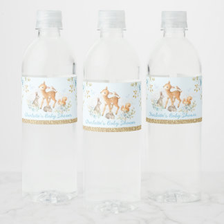 Pastel Blue Gold Woodland Floral Baby Dusche Wasserflaschenetikett