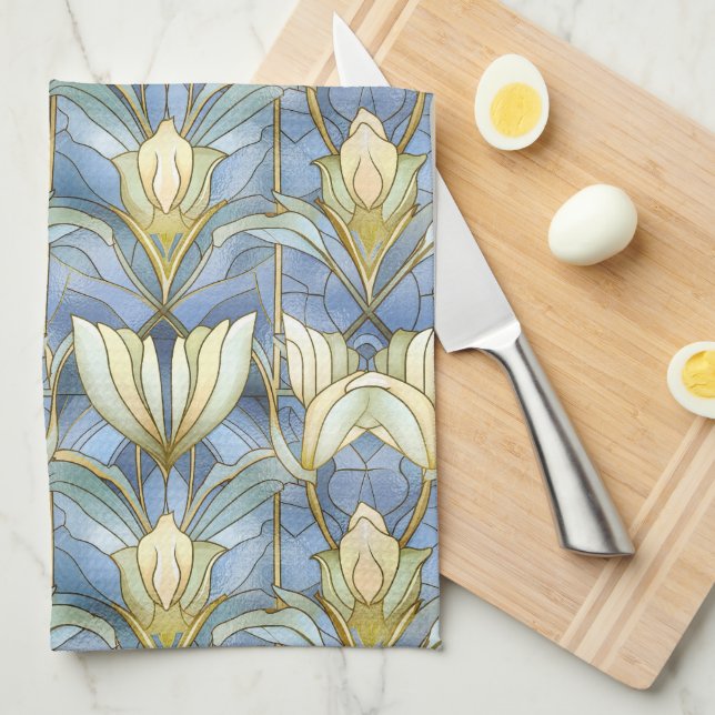 PASTEL BLUE GREEN GOLD ART DECO PATTER GESCHIRRTUCH