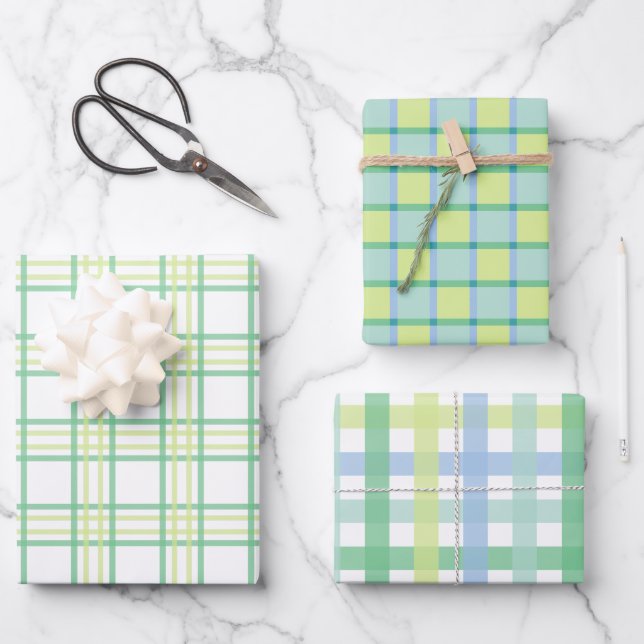 Pastel Blue Green Kariert Checkered Gingham Geschenkpapier Set (Vorderseite)