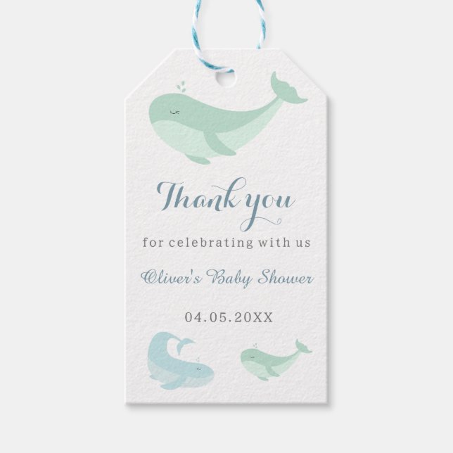 Pastel Blue Green Whale Danke, Baby Shower Geschenkanhänger (Vorderseite)