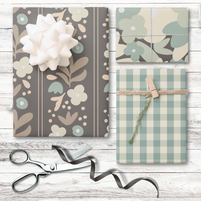 Pastel Blue Grey Floral Country Hütte Kariert Geschenkpapier Set (Von Creator hochgeladen)