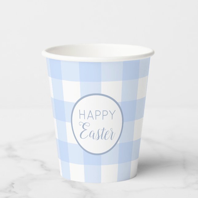 Pastel Blue Happy Oaster Kariertes Muster Pappbecher (Vorderseite)