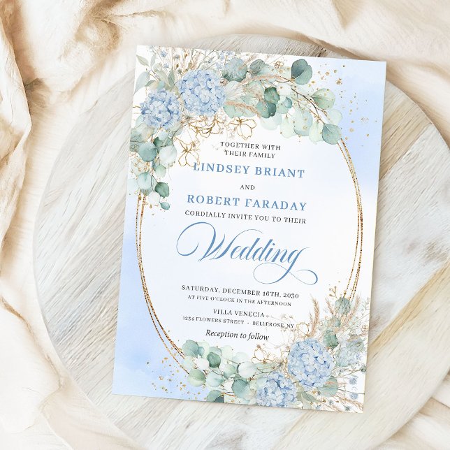 Pastel Blue Hydrangea Wheat Elegant Wedding Invite Einladung (Pastel Blue Hydrangea Wheat Elegant Wedding Invitation)