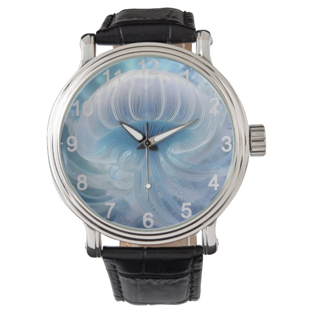 Pastel Blue Jellyfish Fraktal Kunst im Wasser Armbanduhr (Vorderseite)
