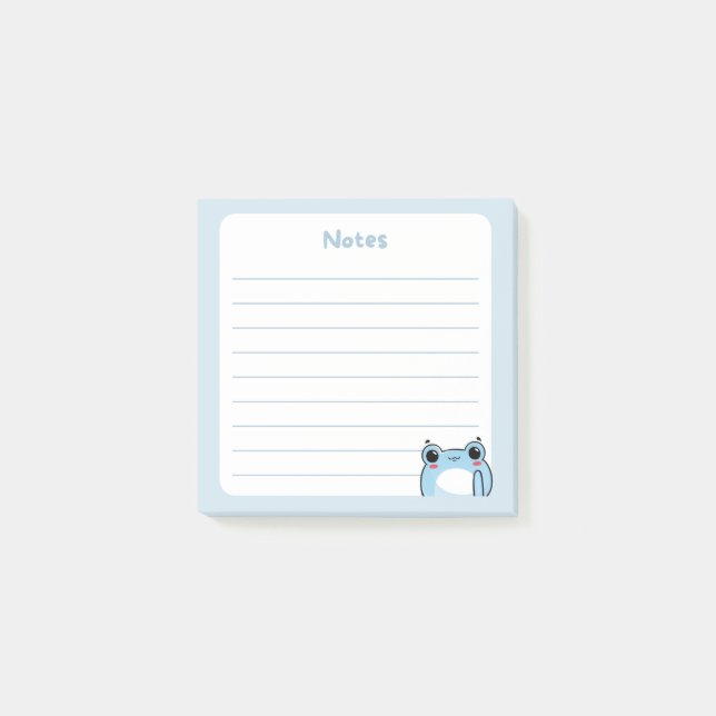 Pastel Blue Kawaii Shy Blushing Chibi Frog Waving Post-it Klebezettel (Vorderseite)
