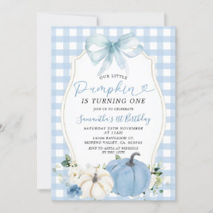 Pastel Blue Little Pumpkin Gingham 1. Geburtstag Einladung