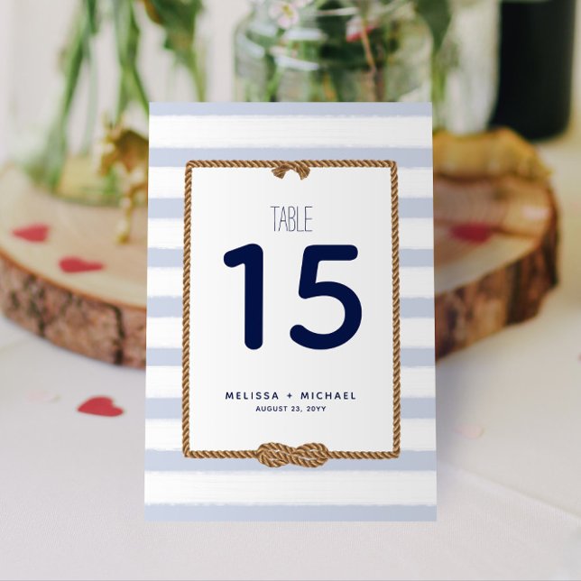 Pastel Blue Nautical Knot Tischnummer (3.5x5.0) (Nautical Stripes and Infinity Knot Blue and White Table Numbers for Your Wedding, Shower, or Event!)