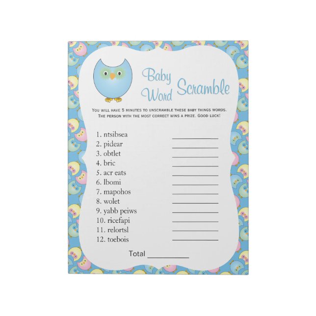 Pastel Blue Niedlich Owl Baby Dusche Thema Word Ga Notizblock (Rotiert)