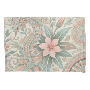 Pastel Blue Pink Boho Indonesische Batik Floral Kissenbezug