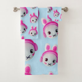 Pastel Blue & Pink Cartoon Bunny Towel Badhandtuch Set