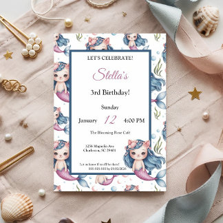 Pastel Blue Pink Cat Mermaid Girl Birthday Party Einladung
