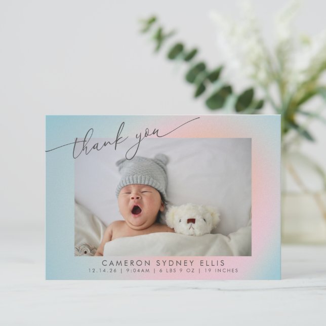 Pastel Blue Pink Gradient Script Baby Birth Foto Dankeskarte (Stehend Vorderseite)