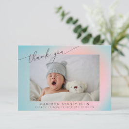 Pastel Blue Pink Gradient Script Baby Birth Foto Dankeskarte