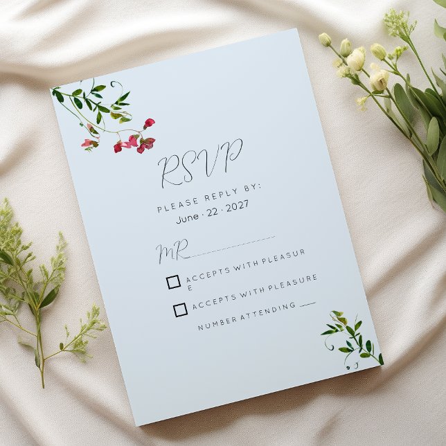 Pastel blue pink red green flowers RSVP Einladung (Pastel blue pink red green flowers RSVP )