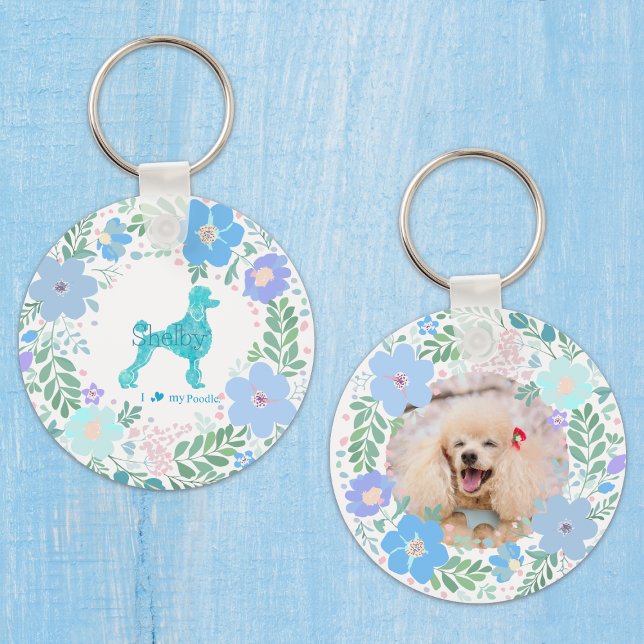 Pastel Blue Poodle Custom Floral Name & Photo Schlüsselanhänger (Von Creator hochgeladen)