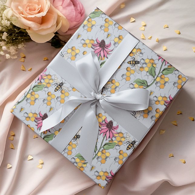 Pastel Blue Queen Bee, Honeycomb & Exotic Blume Geschenkpapier (Elegant Hand-Drawn Buzzing Queen Bee, Honeycomb & Pink Exotic Flower Gift Wrap for Nature Lovers.)