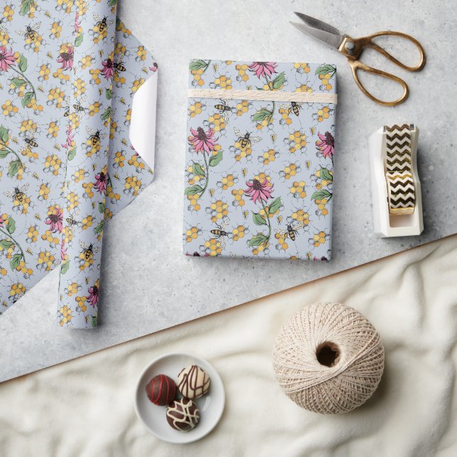 Pastel Blue Queen Bee, Honeycomb & Exotic Blume Geschenkpapier (Kunsthandwerk)