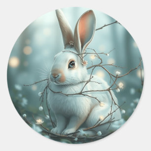 Pastel Blue Rabbit mit Twigs und Blume Runder Aufkleber