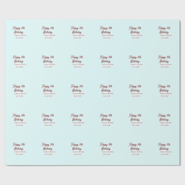Pastel blue red happy 16th birthday name date eleg geschenkpapier (Flach)