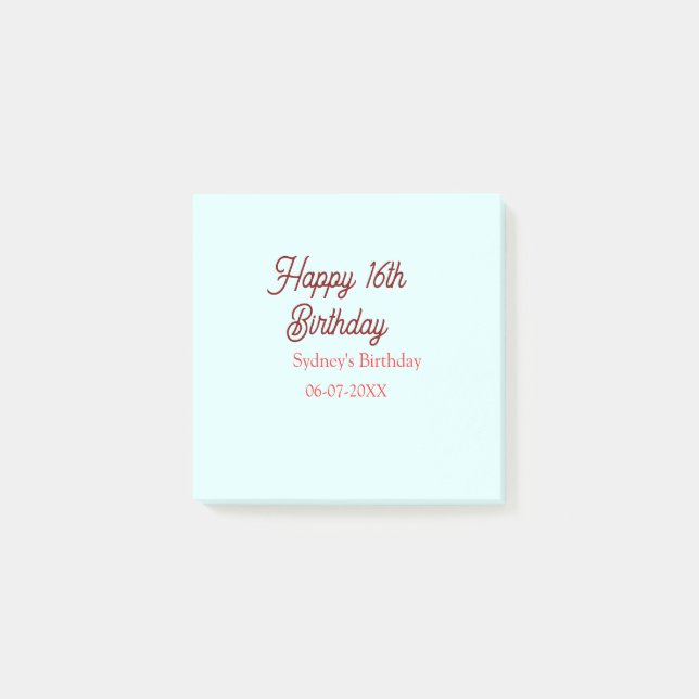 Pastel blue red happy 16th birthday name date eleg post-it klebezettel (Vorderseite)
