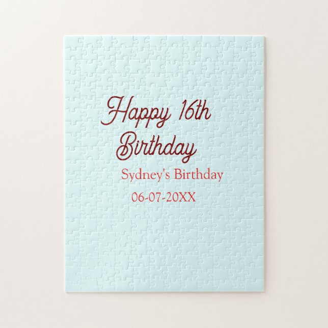 Pastel blue red happy 16th birthday name date eleg puzzle (Vertikal)