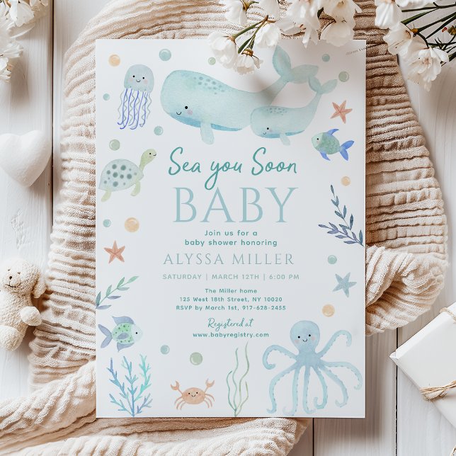 Pastel Blue Sea You Soon Under the Sea Baby Shower Einladung (Von Creator hochgeladen)