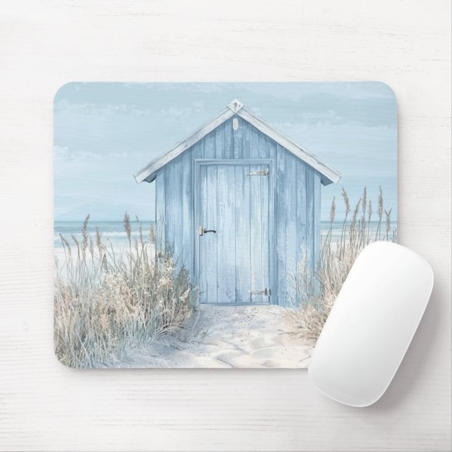PASTEL BLUE SEASIDE BEACH HUT BY THE OCEAN MOUSEPAD (Mit Mouse)