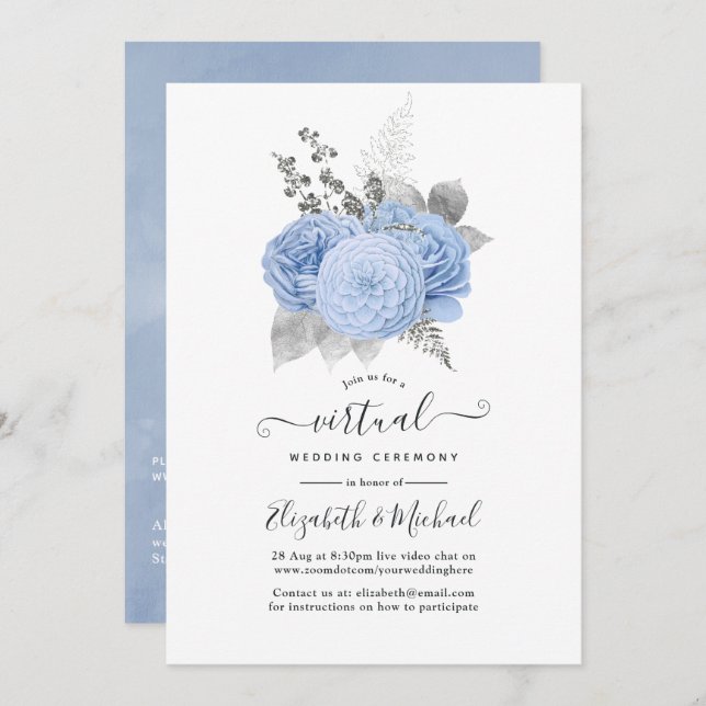 Pastel Blue & Silver Vintage Rose Virtual Wedding Einladung (Vorne/Hinten)