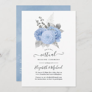 Pastel Blue & Silver Vintage Rose Virtual Wedding Einladung
