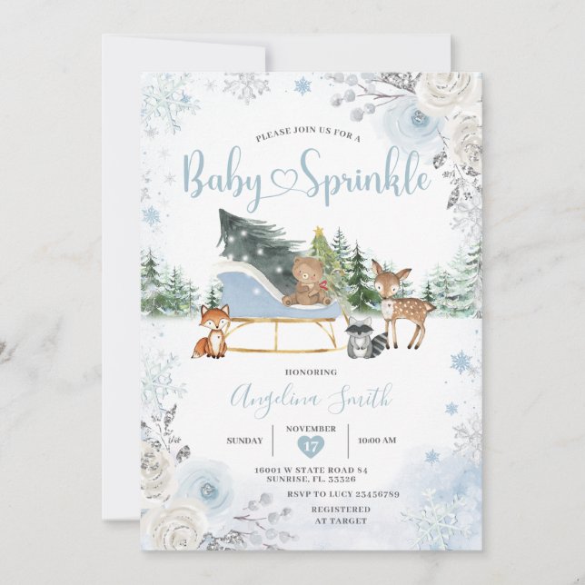 Pastel Blue Sleigh Winter Animals Baby Sprinkle Einladung (Vorderseite)