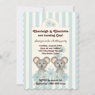 Pastel Blue Stripe Baby Koala Twin Kindergeburtsta Einladung