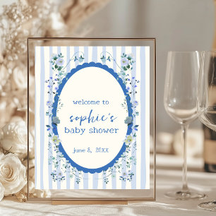Pastel Blue Stripe Wreath Babydusche Begrüßungszei Poster