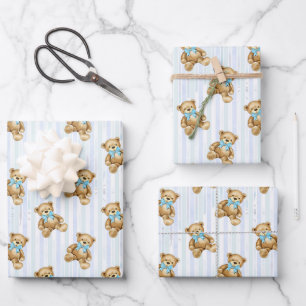 PASTEL BLUE STRIPES & BABY BOY TEDDY BEARS GESCHENKPAPIER SET