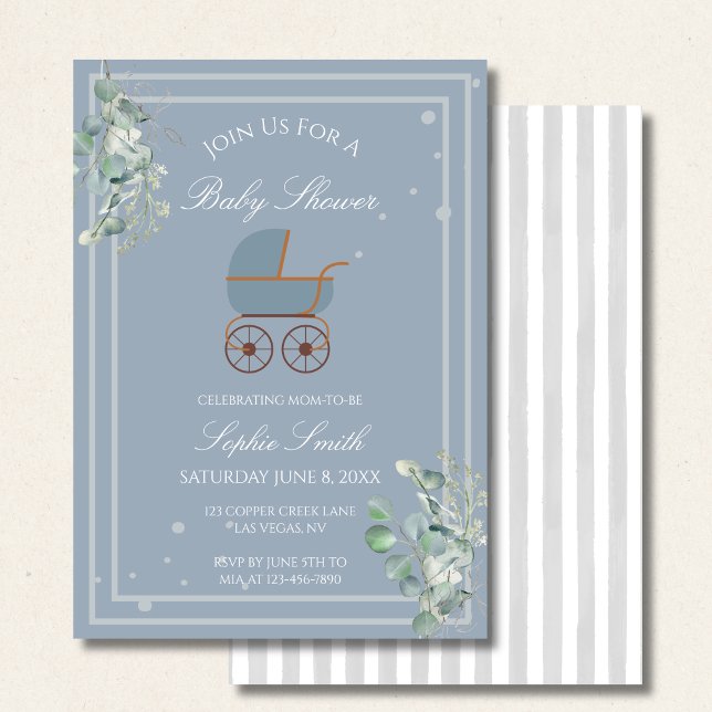 Pastel Blue Stripes Baby Carriage Baby Shower Einladung (Von Creator hochgeladen)