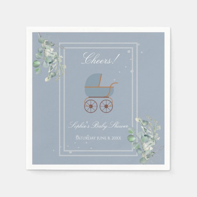 Pastel Blue Stripes Baby Carriage Baby Shower Serviette (Vorderseite)
