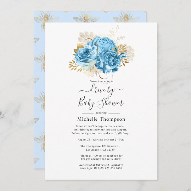 Pastel Blue und Gold Floral Drive By Shower Einladung (Vorne/Hinten)