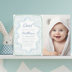 Pastel Blue und Sage Green 1. Geburtstag Foto Einladung
