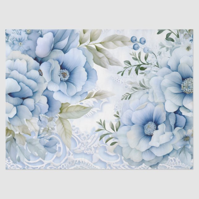 Pastel Blue Viktorianisch Florals & Lace Decoupage Seidenpapier (Vorderseite)