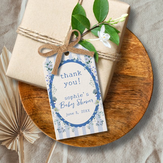 Pastel Blue Vintag Striped Garden Baby Dusche Geschenkanhänger (Von Creator hochgeladen)