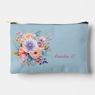 Pastel Blue Watercolor Floral Cosmetic Bag Zubehörtasche