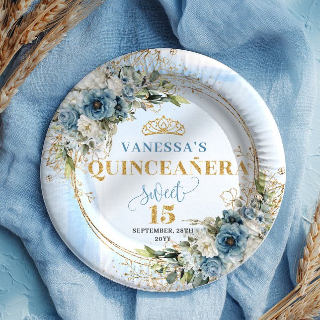 Pastel Blue Watercolor Floral Gold Quinceañera  Pappteller (Pastel Blue Watercolor Floral Gold Quinceañera Plates)