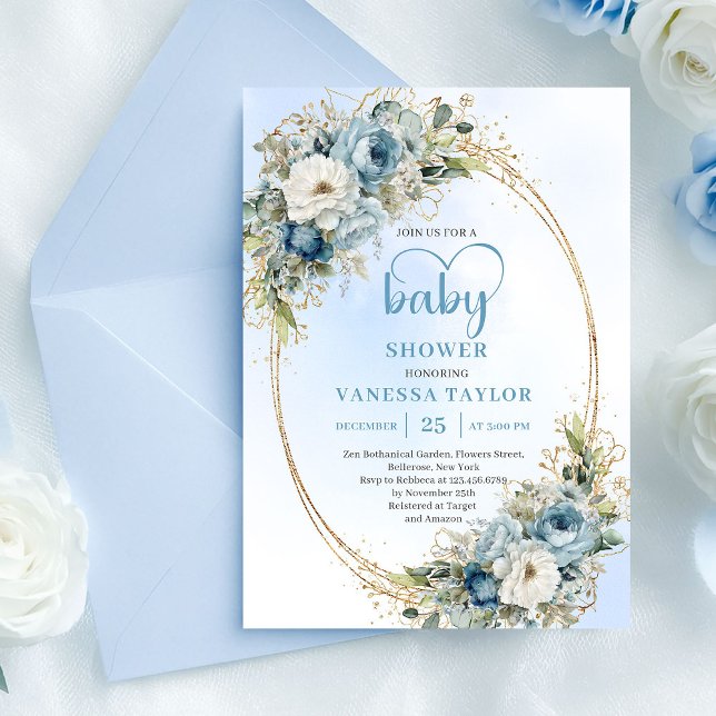 Pastel Blue Watercolor Flowers Gold Baby Shower  Einladung (Pastel Blue Watercolor Flowers Gold Baby Shower Invite

)