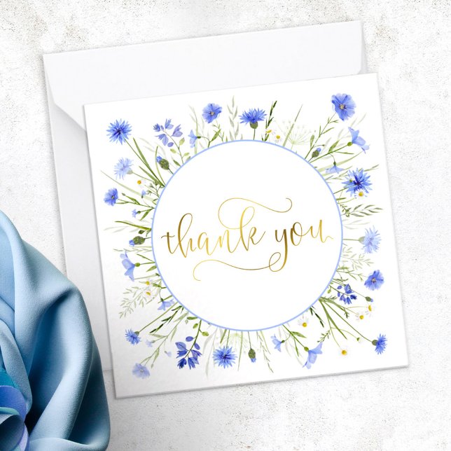 Pastel Blue Wildblume Gold Script Vielen Dank Mitteilungskarte (Von Creator hochgeladen)