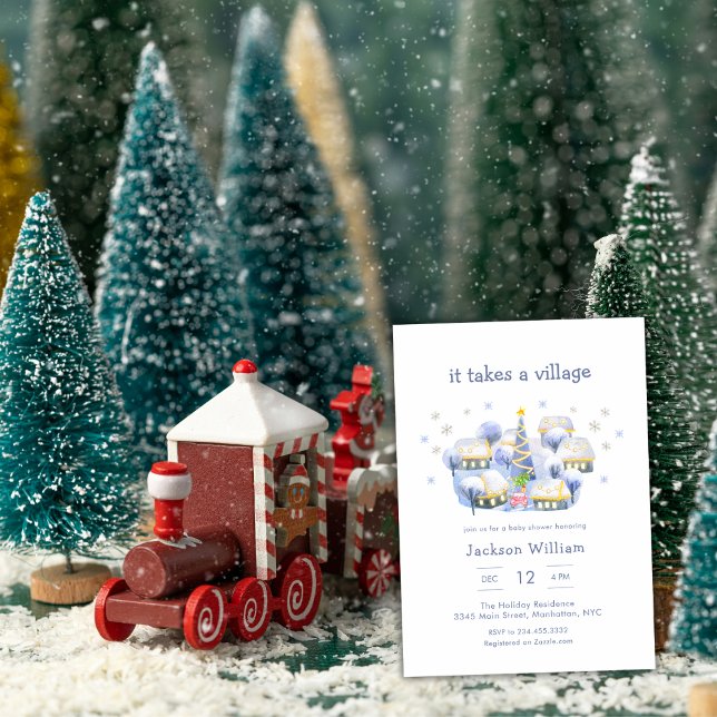 Pastel Blue Winter It Take A Village Baby Shower Einladung (Pastel Blue Winter It Take A Village Baby Shower Invitation)