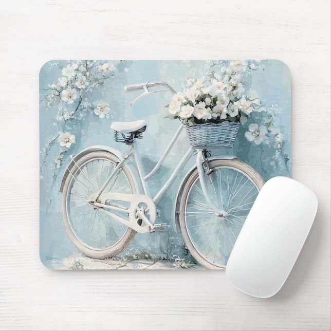 PASTEL BLUE WITH WHITE FLOWERS AND BICYCLE MOUSEPAD (Mit Mouse)