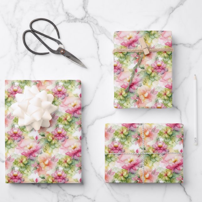 Pastel Blume Alkohol Tinte Illustration Kleine Sch Geschenkpapier Set (Vorderseite)