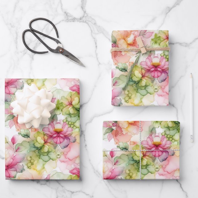 Pastel Blume Alkohol Tinte Illustration Med Print Geschenkpapier Set (Vorderseite)