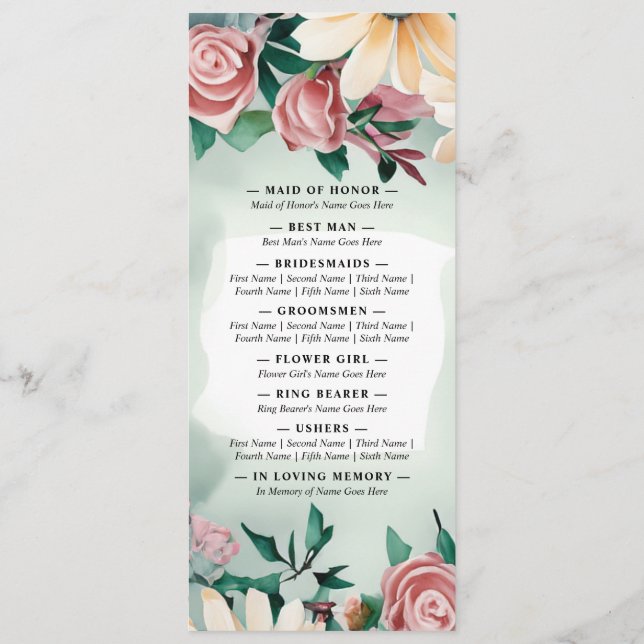 Pastel Blume Elegante: Grün blühende Hochzeit Programm (Rückseite)