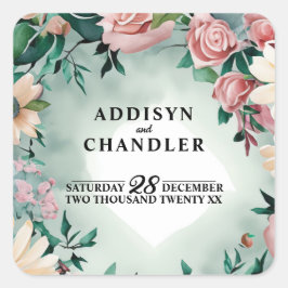 Pastel Blume Elegante: Grün blühende Hochzeit Quadratischer Aufkleber